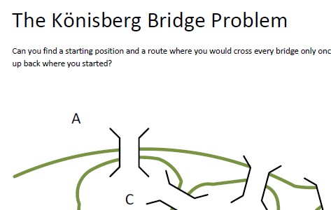 Look at the eight times table and an unusual pattern.  Separately, examine the famous Konisberg Bridge Problem.